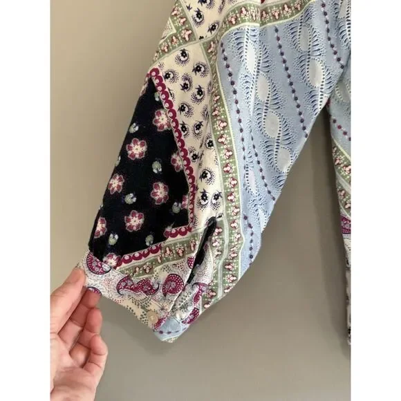 Loft Linen Blend Patchwork Blouse Top Balloon Sleeve Peasant Floral Paisley Med - Picture 9 of 16